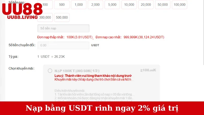 Nạp bằng USDT rinh ngay 2% giá trị