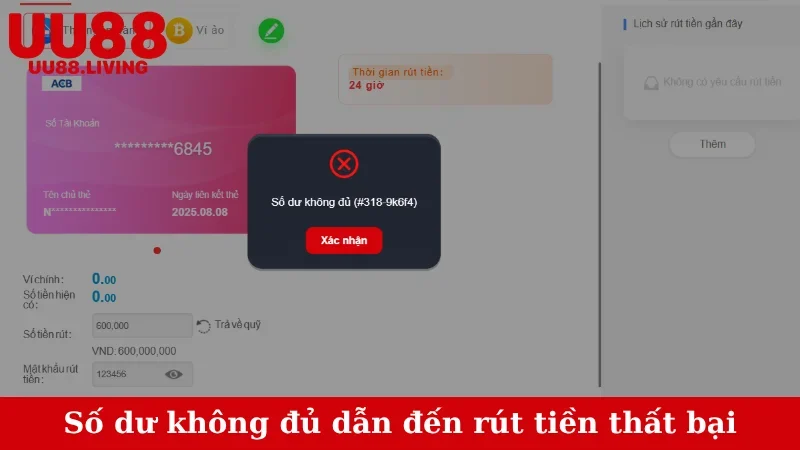 Số dư không đủ dẫn đến rút tiền thất bại