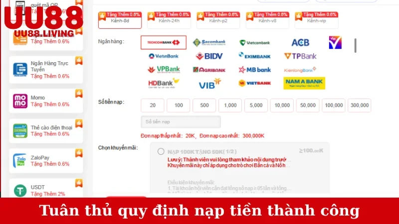 Tuân thủ quy định nạp tiền thành công